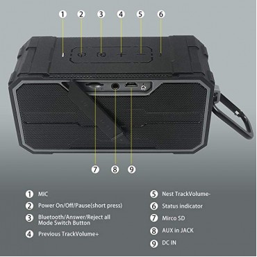 Portable Bluetooth V4.2 Wireless Speaker, HiFi 10W Driver IPX6 Waterproof Outdoor Stereo Speaker with Built-in Mic and AUX/SD Input for Home, Shower, Beach, Party, Travel (Black)