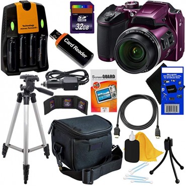 Digital Camera w/40x Zoom & HD Video (Plum) - International Version (No Warranty) + 4 AA Batteries with Charger + 10pc 32GB Dlx Accessory Kit w/ HeroFiber Cleaning Cloth