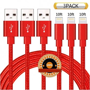 Phone Cable 3Pack 10FT Nylon Braided 8 Pin Charging & Syncing Cord Compatible with iPhone X iPhone 8 8 Plus 7 7 Plus 6s 6s Plus 6 6 Plus iPad iPod Nano - Red